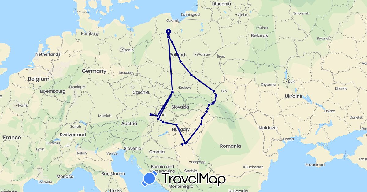 TravelMap itinerary: driving in Austria, Hungary, Poland, Serbia, Slovakia, Ukraine (Europe)